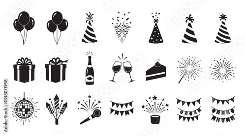 Party celebration icon set featuring balloons gifts hats fireworks drinks cake and festive decorations Concept of celebration holiday joy festivity