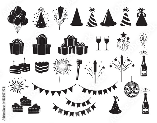 Celebration party icon set featuring balloons hats gifts cake fireworks champagne and festive decorations Concept of festivity holiday joy celebration