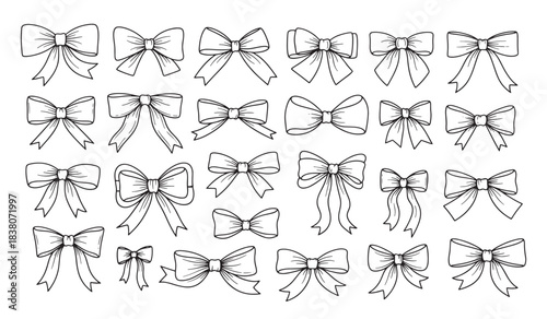 Collection of decorative bow outline icons with elegant ribbon shapes and detailed loops Concept of decoration celebration elegance