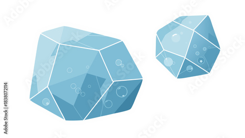 Two Light Blue Geometric Ice Cubes with Bubbles Trapped Inside on a Black Background with White Outline