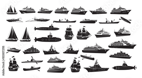 Large collection of ship and boat vector silhouettes featuring luxury yachts, cruise liners, sailboats, submarines, cargo vessels, warships, and kayaks for maritime transport and nautical design