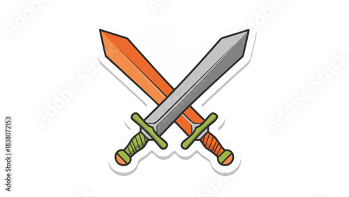 Two pixel art swords crossed in a battle stance with orange and silver blades and green handles isolated on a black background representing combat and gaming fantasy themes