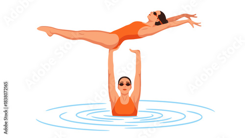 Two synchronized swimmers wearing orange swimsuits perform a lift in dark water with ripple effects and dark background lighting style showcasing athleticism and teamwork in a water sport competition.