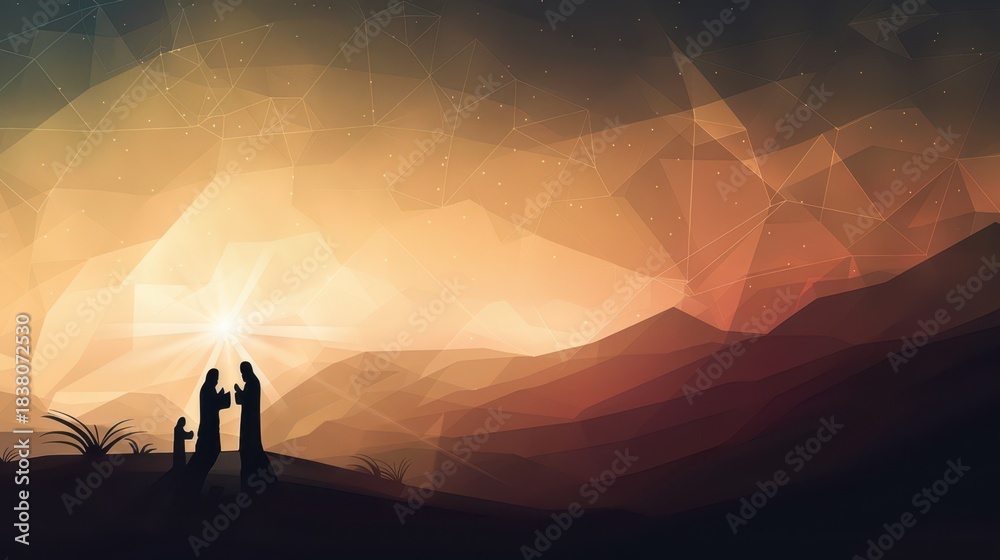 Fototapeta premium Epiphany celebration featuring three kings journey under radiant night sky. Horizontal banner. Copy space. Star of Bethlehem, or Christmas Star. Flat illustartion