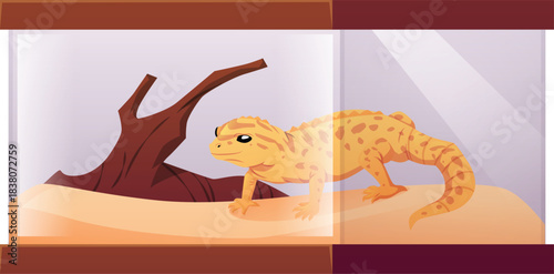 Guana on branch in the terrarium, cartoon lizard chameleon, vector flat exotic pet reptile animal, crawling mammal