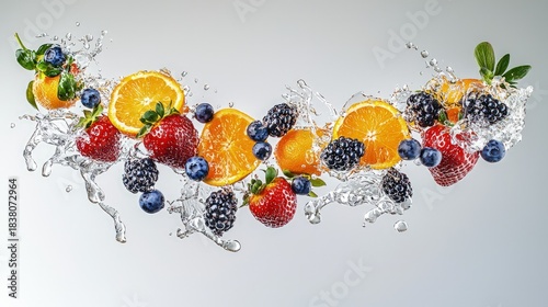 Colorful assortment of fresh fruits in mid-air water splash. © FifiUlfiyanah