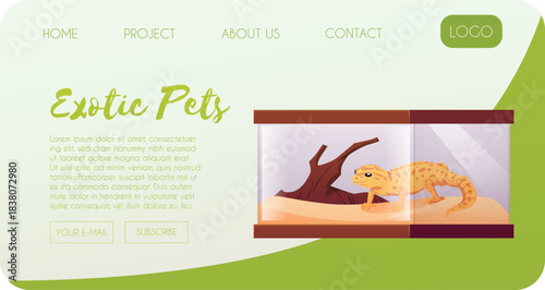 A website template featuring a yellow lizard in a terrarium.