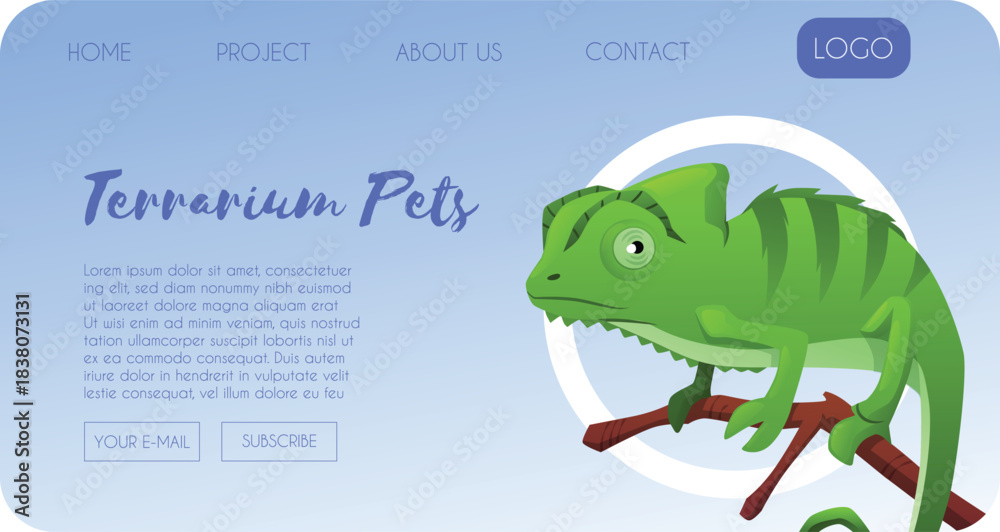 Naklejka premium Terrarium pets landing page flat vector design, exotic iguana pet from jungle, cartoon tropical lizard reptile animal