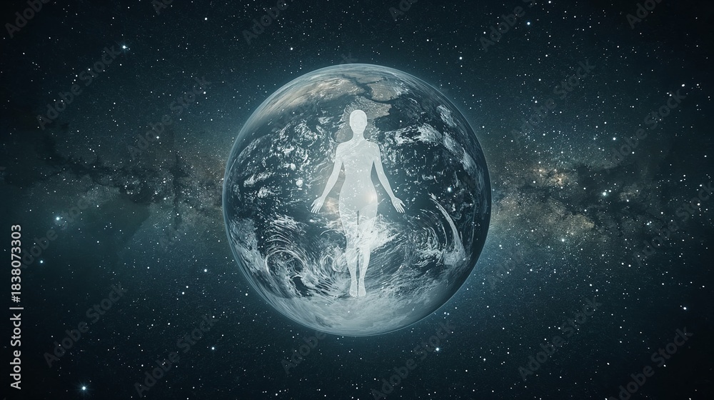 Fototapeta premium Ethereal woman figure within a luminous globe in cosmic space, International Women's Day 