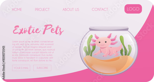 Exotic pets landing page flat vector design, axolotl in the aquarium, cartoon terrarium reptile and amphibian animals