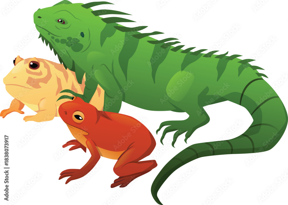 Naklejka premium Exotic reptile animal pets flat vector, cartoon chameleon, iguana, salamander, lizard crawling mammals and frogs