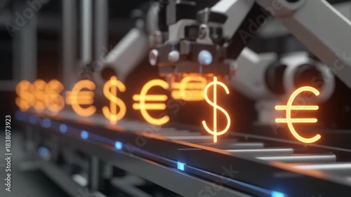 A robotic arm prints glowing currency symbols on a conveyor belt