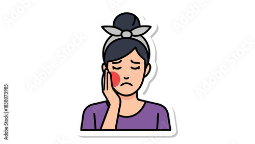 Woman With Toothache Grimacing Holding Her Jaw In Pain And Discomfort Medical Illustration Representing Dental Problem Or Cavity With Red Spot On Cheek For Healthcare And Dentistry Concepts