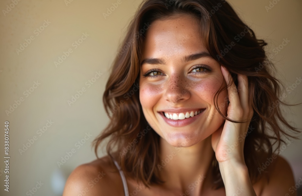 Naklejka premium Happy woman with freckles smiles at camera. Portrait of beautiful girl with natural skin and brown hair. Beauty face of cheerful female. Fresh face of young adult lady.