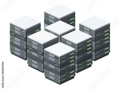 A cluster of seven high-tech server racks is rendered in an isometric style, featuring stacked grey modules with white tops, front-facing ventilation grilles, and rows of glowing green indicator light