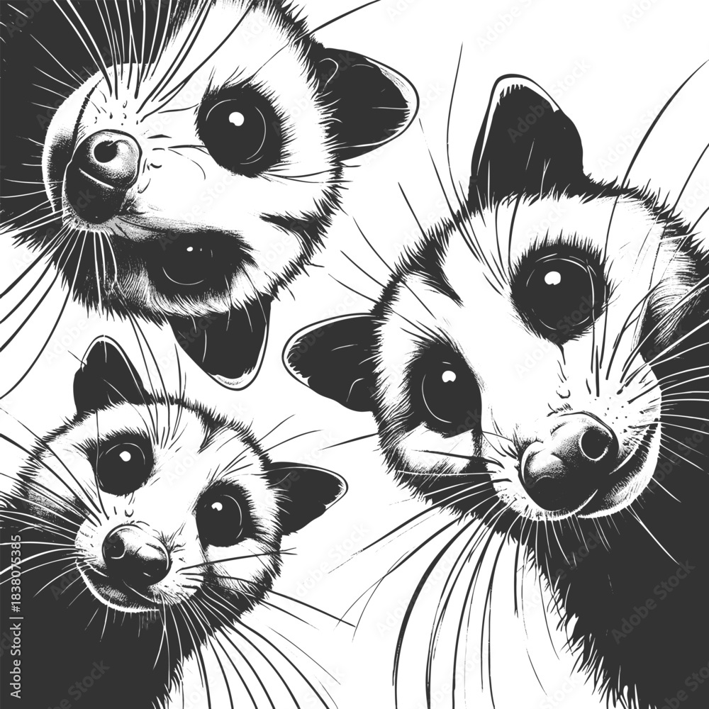 Naklejka premium wide-eyed opossums peering downward in a circle, with expressive faces and whiskers sketch engraving generative ai vector illustration. Scratch board imitation. Black and white image.