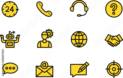 Customer Service and Communication Icons Set – Support, Helpline, Chatbot, Assistance, Messaging, and Global Contact Symbols
