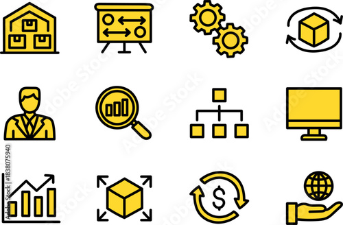 Business Management and Logistics Icons Set – Strategy, Analytics, Supply Chain, Finance, and Global Operations Line Symbols
