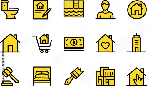 Real Estate and Housing Icons Set – Property, Home Services, Renovation, Mortgage, Construction, and Interior Symbols