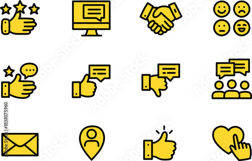 Customer Feedback and Communication Icons Set – Reviews, Support, Engagement, Ratings, Messaging, and Interaction Symbols