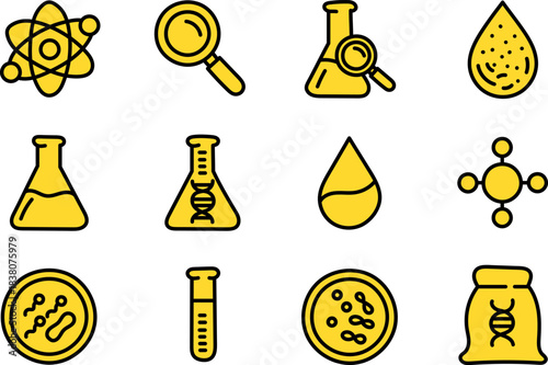 Science and Laboratory Icons Set – Chemistry, Research, Biology, DNA, Microbiology, and Experiment Symbols