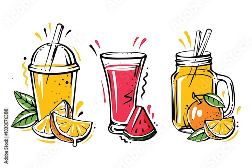 A delightful collection of hand-drawn fruit juice illustrations, featuring various refreshing summer drinks like orange and watermelon, perfect for healthy beverage concepts