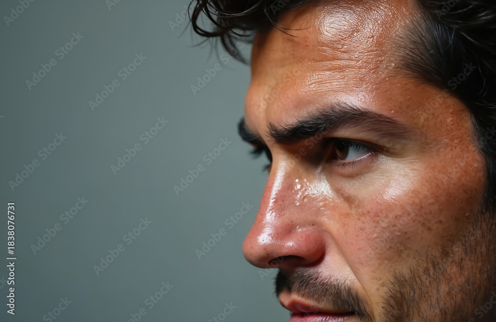 Obraz premium Close-up of a sweaty man face in profile. He looks worried and stressed, possibly exhausted from heat, fever, or work. The guy is perspiring, under stress.
