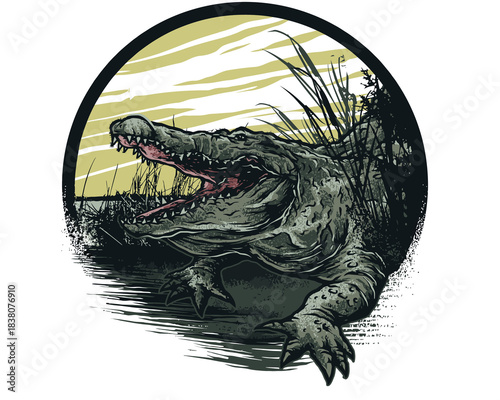 Aggressive alligator or crocodile illustration emerging from water