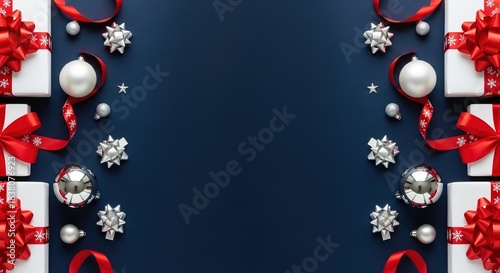 Elegant festive holiday background with white gift boxes, red ribbons, sparkling silver baubles, creating a beautiful border on a deep blue surface for celebrations