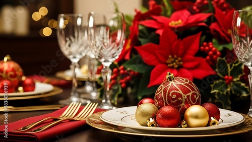 Elegant christmas dinner table setting with red poinsettia centerpiece, crystal wine glasses, and festive ornaments