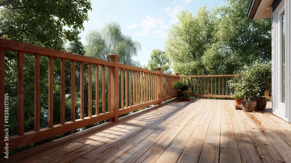 Obraz premium Wooden deck with railing overlooking lush green forest, sun rays filtering through creating shadows trees on floor