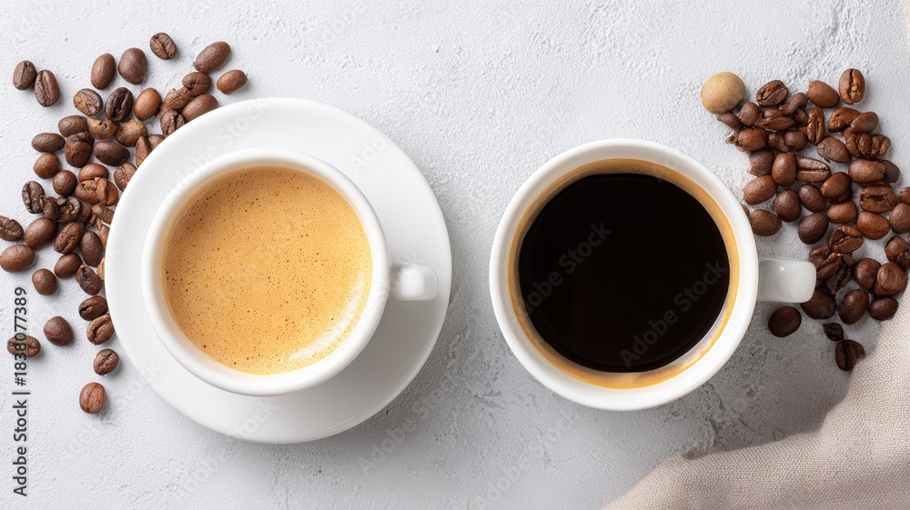 Fototapeta premium Fresh espresso and black coffee cups with scattered roasted beans offering choice and energy white background a bright