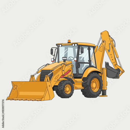 Detailed yellow backhoe loader illustration showcasing construction equipment for industrial usage