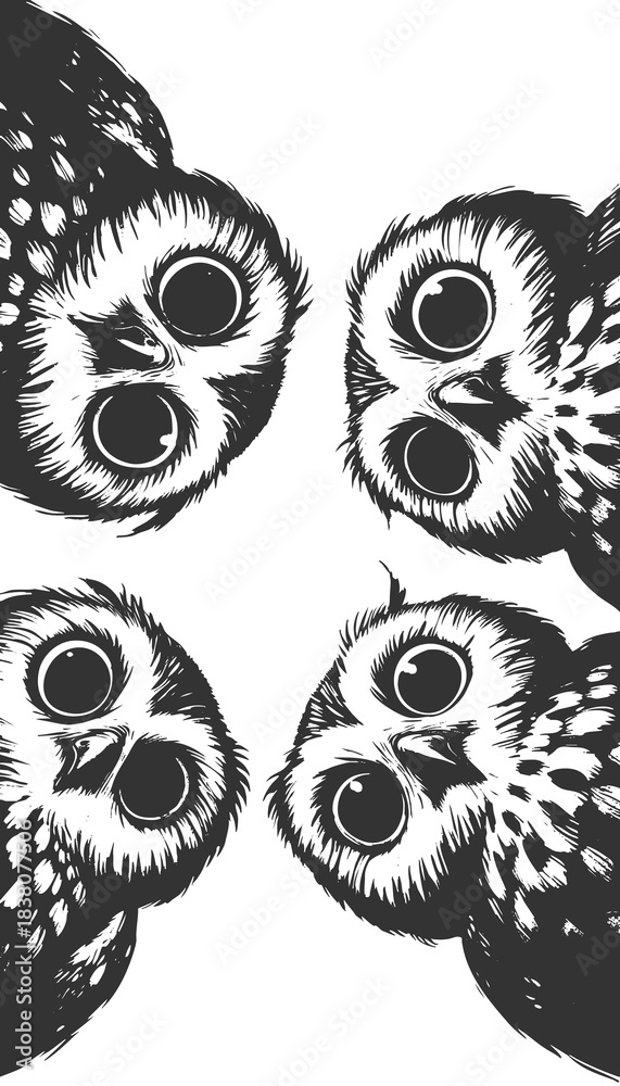 Naklejka premium wide-eyed owls peeking downward with expressive faces sketch engraving generative ai raster illustration. Scratch board imitation. Black and white image.