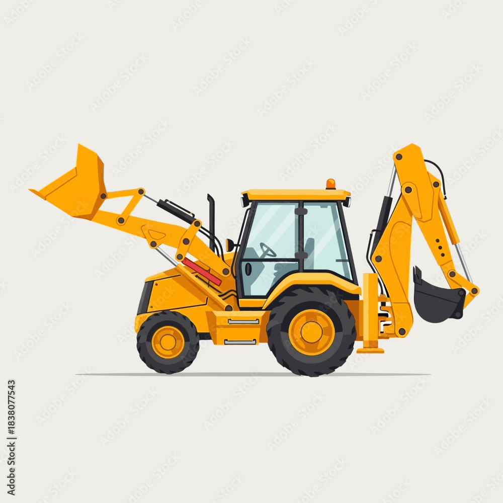 Fototapeta premium Detailed yellow backhoe loader illustration for construction site equipment visuals