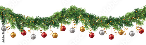 Decorative banner or seamless pattern with green branches and christmas ornaments and streamers on transparent background