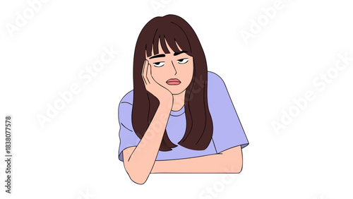 Young Woman With Brown Hair Wearing A Light Purple Shirt And A Look Of Boredom Or Frustration Resting Her Head On Her Hand Against A Black Background