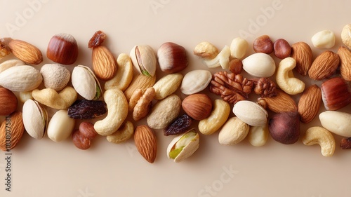 Assortment of healthy nuts forming a top border, providing copy space and food nutrition snack concepts