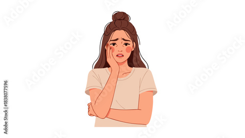 Young Woman Expressing Concern Holding Her Cheek in a Close Up Portrait with Soft Lighting and Simple Background