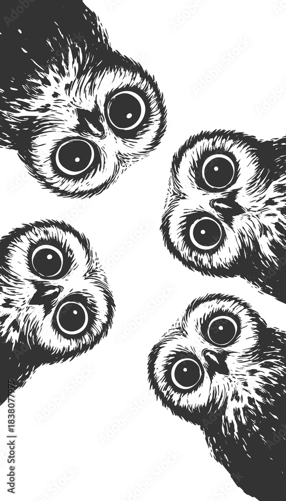 Naklejka premium wide-eyed owls peeking downward with expressive faces sketch engraving generative ai raster illustration. Scratch board imitation. Black and white image.
