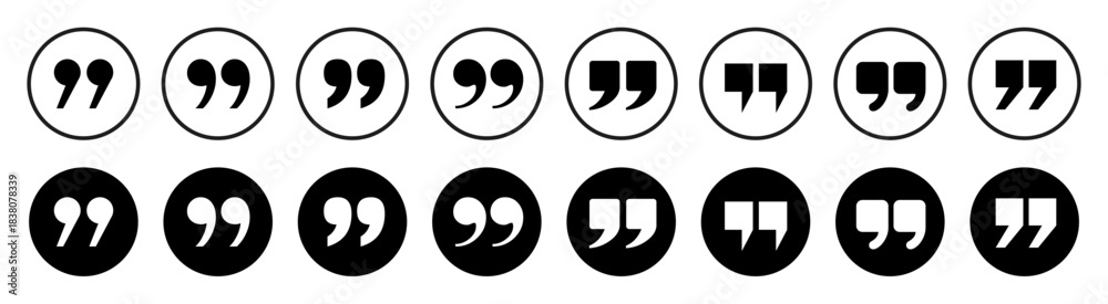 Obraz premium Quotation marks round icon buttons set, inverted commas or talking marks, quote speech marks
