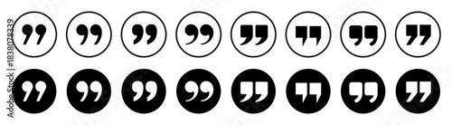 Quotation marks round icon buttons set, inverted commas or talking marks, quote speech marks