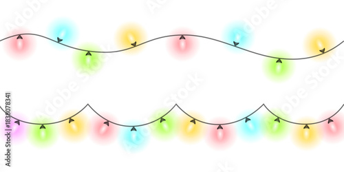 Realistic glowing colorful hanging Christmas lights, decoration lights seamless repeatable isolated realistic design elements, bright garlands bulbs, glowing lights