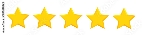 Five stars rating sign, customer reviews sign, rating service, 3d 5 gold shiny stars good client satisfaction, user experience best customer feedback concept, symbol of best quality