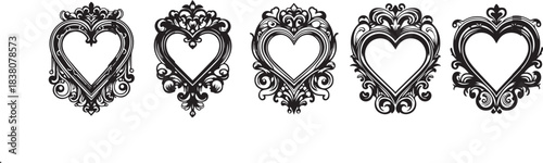 Doodle picture frame, hand drawn line vintage border, classic gallery empty decor vector baroque art. Ornamental decoration heart, oval shapes, swirl arch. Picture frame icon