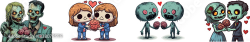 A modern clip art illustration with simple gradients shows a male zombie giving a brain to his female zombie love interest as a Valentine's gift, with some elements on separate layers