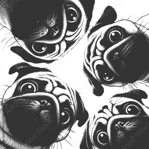 pug dog faces peeking in from the corners, with expressive and curious looks sketch engraving generative ai fictional character vector illustration. Scratch board imitation. Black and white image.