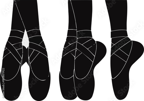 Isolated a black silhouette set of ballet shoes in classic positions vector art with white background.