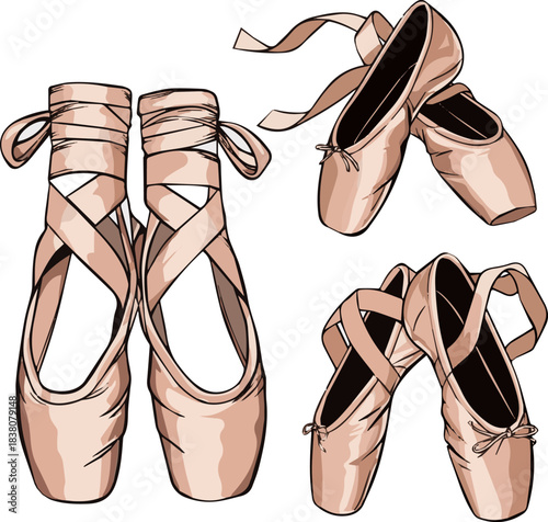 Isolated a color and silhouette set of ballet shoes in classic positions vector art with white background..