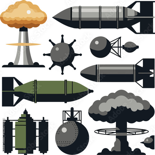 Isolated a kinds of deferent atomic bomb vector art with white background.